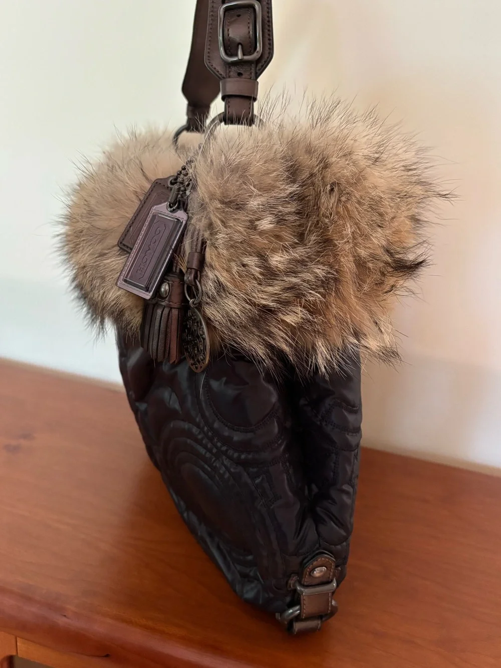 Coach Hamptons Ski Fur XL Hobo Bag 15980 with Coyote Fur Trim Limited-edition